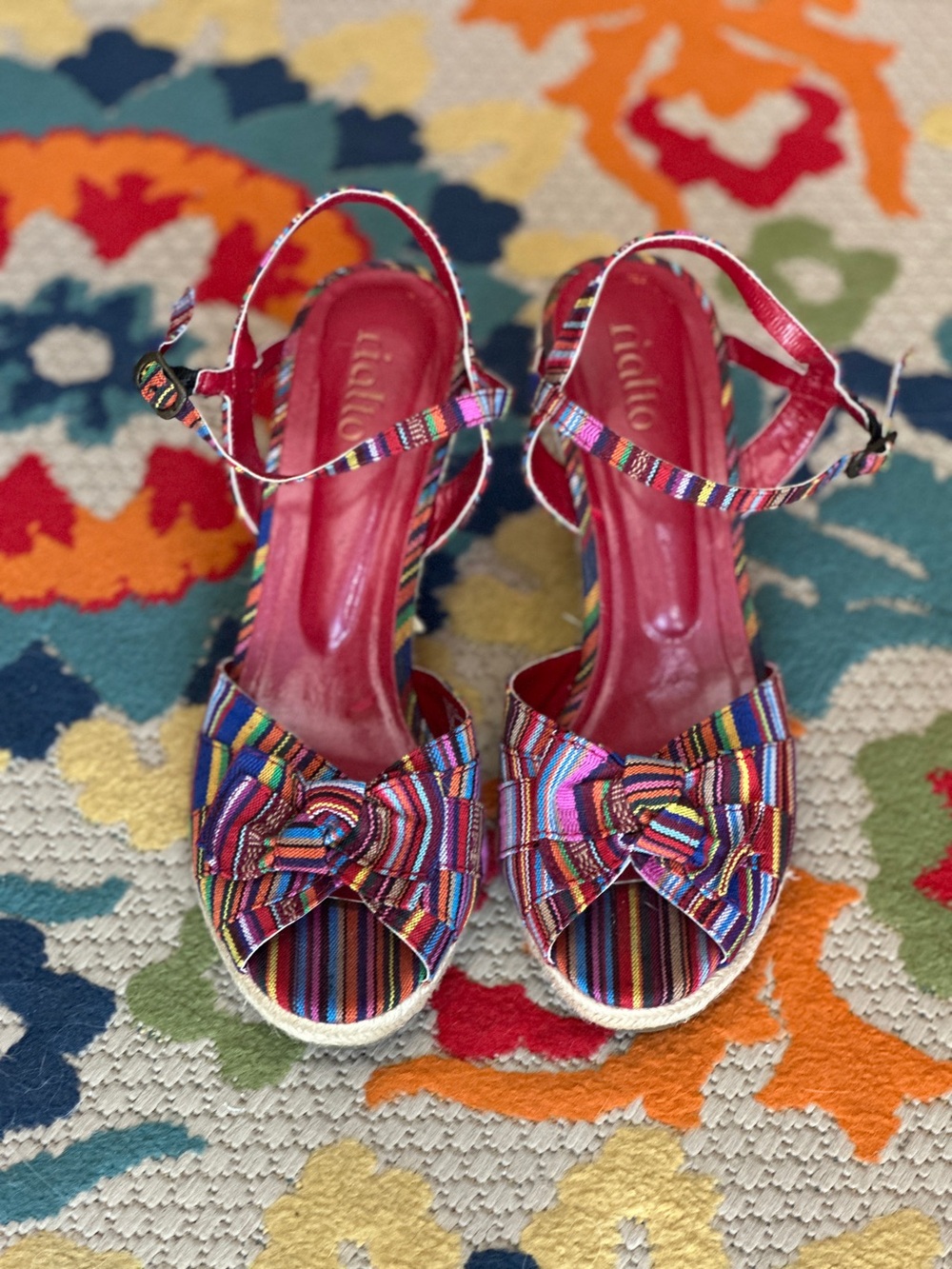 Lialio Multicolor Striped Bow Espadrille Wedge Sandals Size 9.5